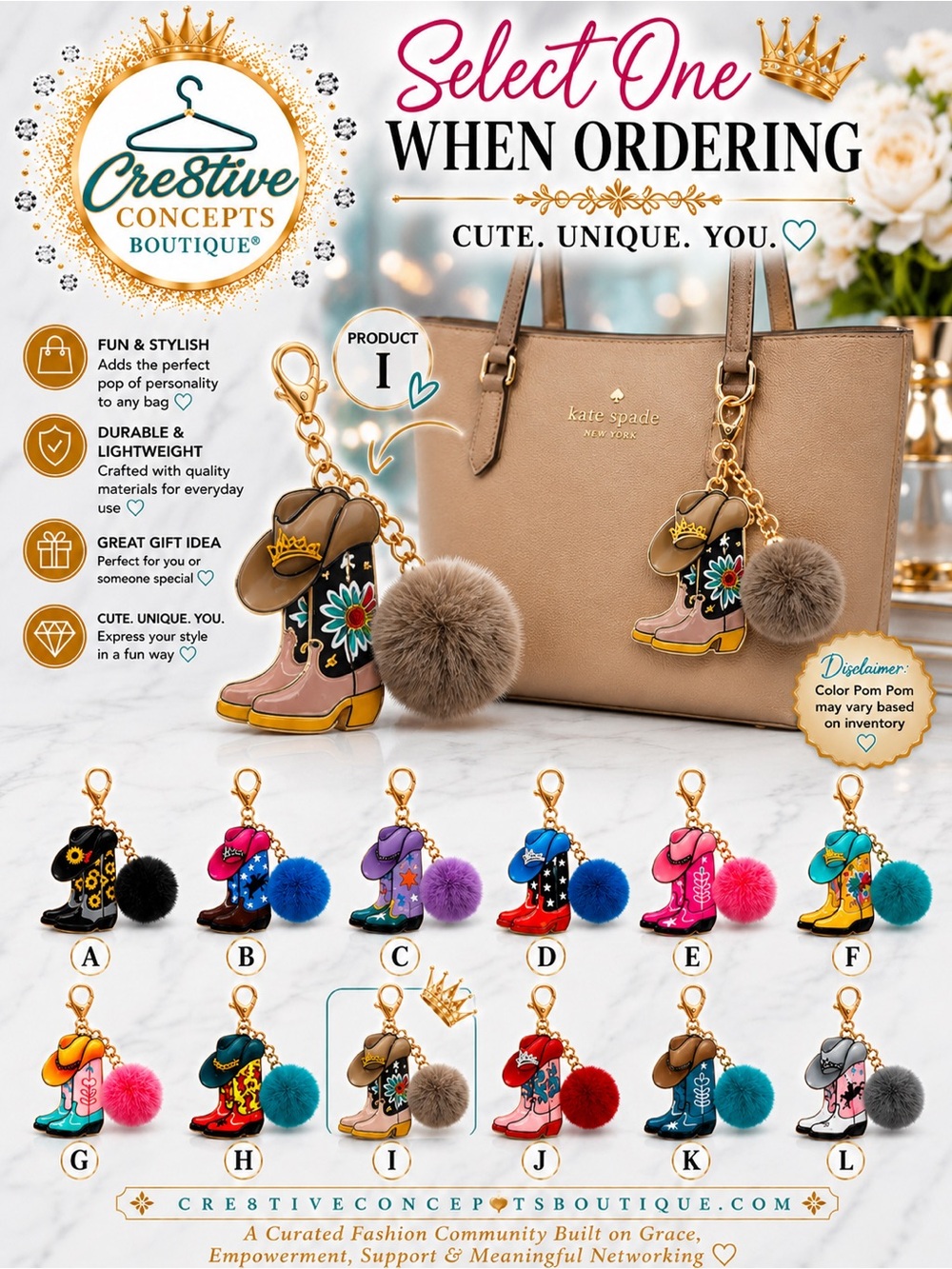 Western Boot Charm with Pom Bag Charm/ Gold Hardware-(Select One) - Picture 2 of 4
